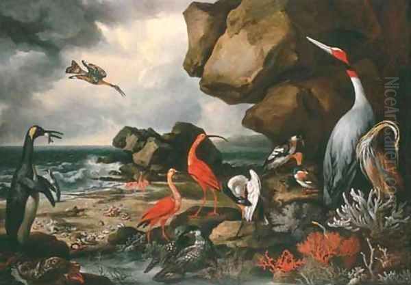 A penguin, a pair of flamingoes and other exotic birds, shells and coral on the shoreline - view 1