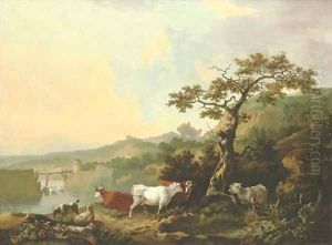 A river landscape with livestock and a rustic couple, a wagon on the road beyond by Philip Reinagle