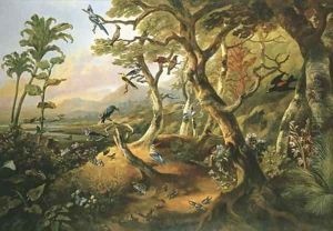 Exotic birds and insects among trees and foliage in a mountainous river landscape by Philip Reinagle