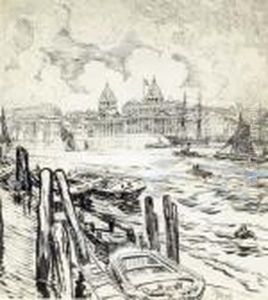 A View Of A City From The River by Joseph Pennell