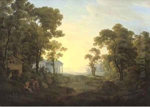 A wooded landscape with figures in ancient dress by a classical temple, other classical buildings beyond by Josef Rebell