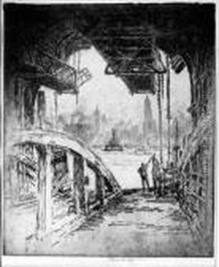 The Ferry House, The Cortland St. Ferry by Joseph Pennell