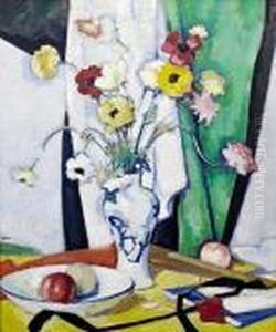 Still Life With Flowers, Fruit And Fan by Samuel John Peploe