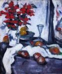 Stilllife With Vase Of Flowers And Fruit by Samuel John Peploe