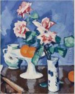 Still With Pink Roses In A Blue And White Vase With Oranges Andjug
