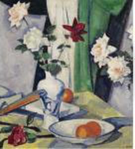 Still Life Of Roses In A Blue And White Vase by Samuel John Peploe