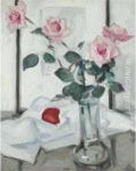 Still Life Of Pink Roses In A Glass Vase - view 1
