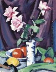 Three Pink Roses In A Blue Vase With Fruit by Samuel John Peploe
