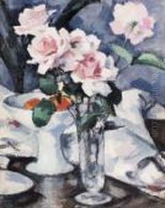 Pink Roses In A Glass Vase by Samuel John Peploe