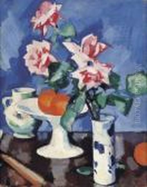 Pink Roses In A Blue And White Vase With Oranges And A Jug - view 1