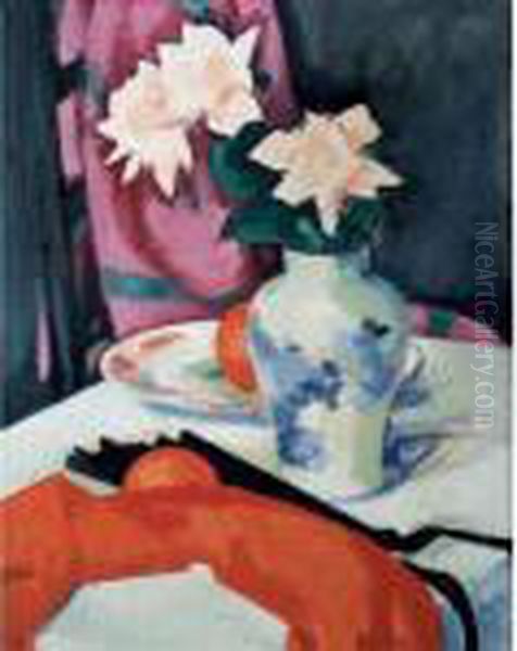 Still Life Of Pink Roses And A Blue And White Vase - view 1