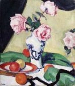 A Still Life Of Pink Roses And Fruit by Samuel John Peploe