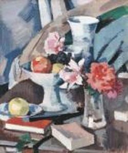 Pink Roses, Fruit And Books On A Polished Table by Samuel John Peploe