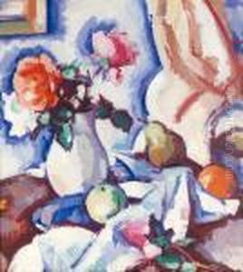 Roses In A White Vase With Fruit Roses In A White Vase With Fruit