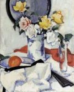 Roses In A Blue And White Vase by Samuel John Peploe