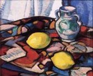 Lemons And A Pottery Vase On A Draped Table