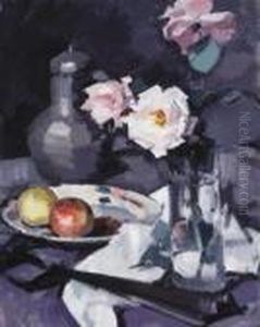 A Still Life Of Roses, Apples And Coffee Pot by Samuel John Peploe