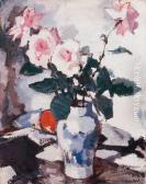 Pink Roses In A Blue And White Vase With A Black Fan And An Appleon A Draped Table - view 1