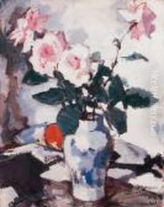 Pink Roses In A Blue And White Vase With A Black Fan And An Appleon A Draped Table by Samuel John Peploe
