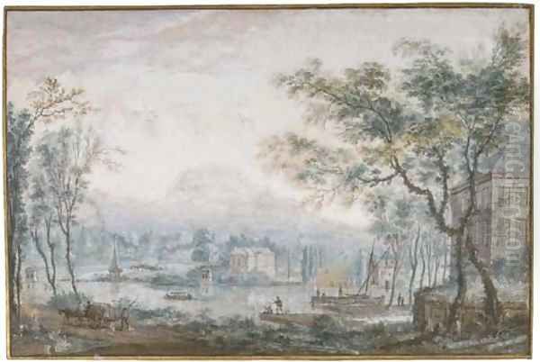 A river landscape with country houses, fishermen and peasants nearby on a track - view 1