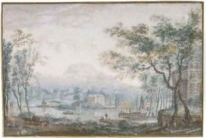 A river landscape with country houses, fishermen and peasants nearby on a track by Abraham Rademaker