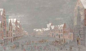 Figures in an elegant square in winter, the roofs of a church seen beyond by Abraham Rademaker