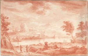 A mediterranean coast with figures near building fragments by Abraham Rademaker