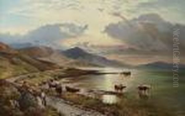 Highland Cattle Watering In A Mountain Loch - view 1