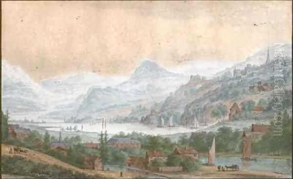 An extensive landscape with vessels on a lake, travellers and peasants near a town in the valley - view 1