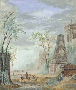 Figures netting before a classical monument with a Palazzo beyond by Abraham Rademaker