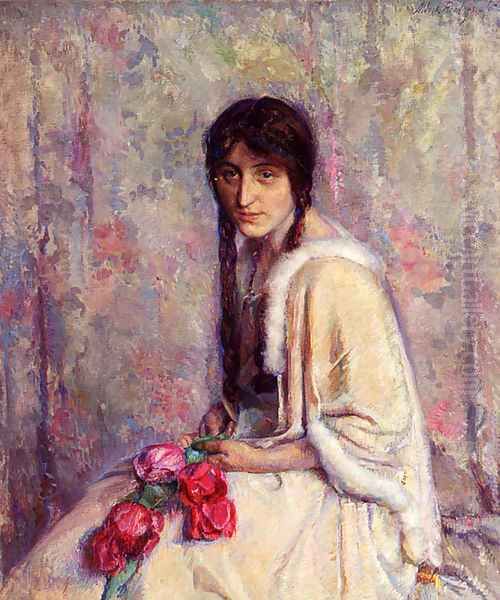 A Girl Holding Flowers - view 1