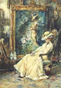 A pause from posing an elegant lady seated in the artist's studio by Albert Roelofs
