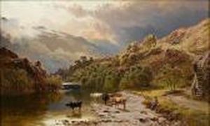 Cattle And Drover On The River Conway, North Wales