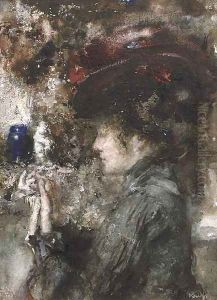 An elegant lady wearing a red hat by Albert Roelofs