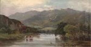 Cattle Watering In A Mountainous Landscape by Sidney Richard Percy