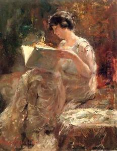 In 't atelier Mientje admiring a portfolio by Albert Roelofs
