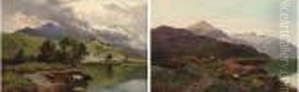Angling At Sunset, Llyn Orthill,
 North Wales; And Cattle Watering,llyn Orthill, North Wales - view 1