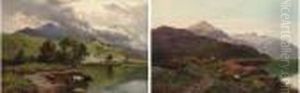 Angling At Sunset, Llyn Orthill,
North Wales; And Cattle Watering,llyn Orthill, North Wales by Sidney Richard Percy