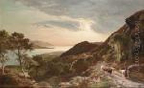 Driving Cattle In A Welsh Valley At Sunset - view 1