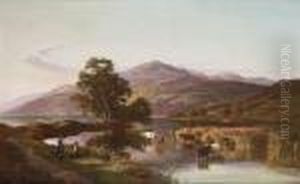 Cattle Watering And Figures By A Lake, At Sunset