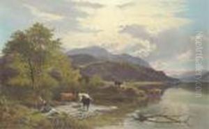 Mountain Landscape With Figures And Cattle By A Lake by Sidney Richard Percy