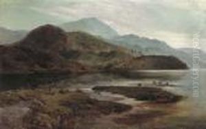 Cattle Watering In A Mountainous Landscape by Sidney Richard Percy