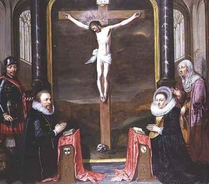 A Crucifixion with Portraits of the Donors Adriaen Meusyenbroeck and his Wife, Anna Elant, Attended by St. Adrian and St. Elizabeth, 1618 by Jan Anthonisz. van Ravestyn