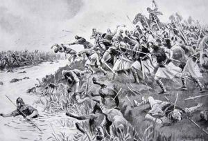 The Battle of Ellandun, 825 AD, illustration from Hutchinsons Story of the British Nation, c.1920 by George Derville Rowlandson