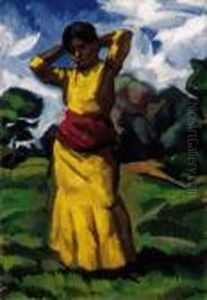 Yellow-dressed Model In Landscape In Kecskemet, Early 1910s by Vilmos Perlrott-Csaba