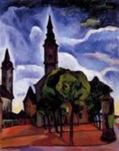 Small Town Detail With A Tower, Trees, And Ad Tower by Vilmos Perlrott-Csaba