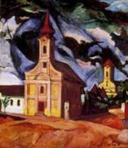Street Scene With Red Towers And Blue Sky