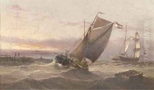 A Dutch brig running out of harbour amidst other traffic at dusk