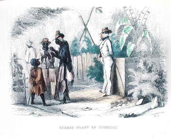 Negroes pounding flour for couscous under the supervision of a white master, illustration from les Francais par eux-memes ed. L. Curmer, 1841 - view 1