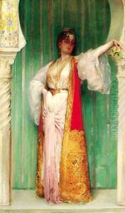 An Oriental beauty, standing in an alcove by Edouard Frederic Wilhelm Richter